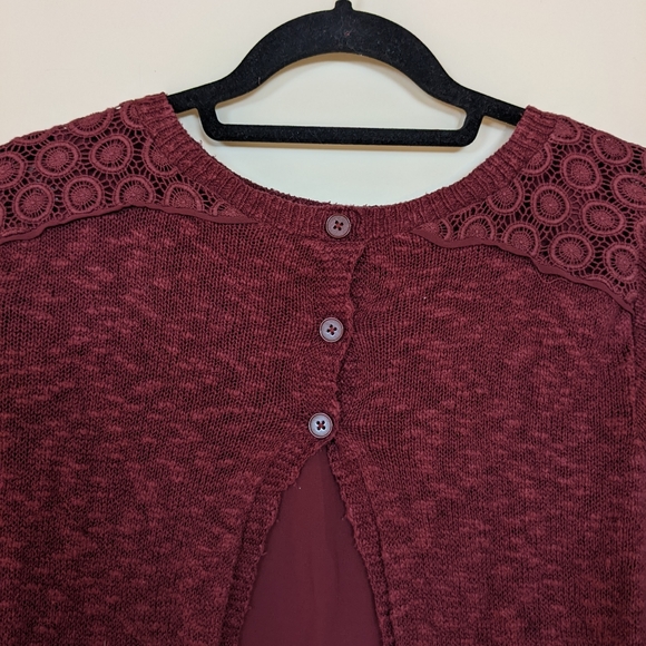 Lucky Brand Maroon Lace Crochet Layered Sweater Boho Crew Neck Medium - Picture 5 of 9